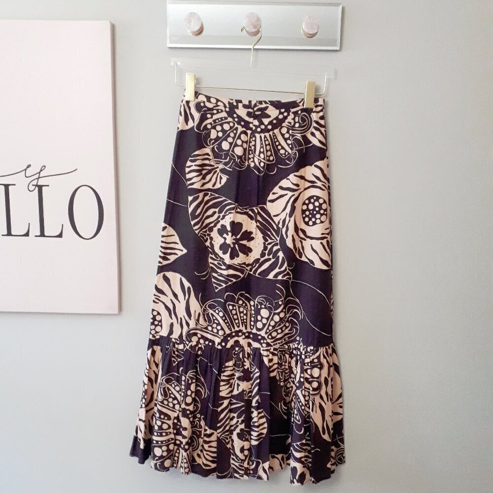 NWOT Zara linen blend botanical print brown & butter tan high waist skirt, XS - Picture 12 of 12